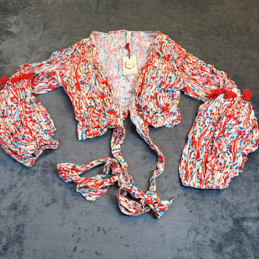 Raga Red Blue Floral Tie Front Wrap Crop Top Tassel Balloon Sleeve Womens Small